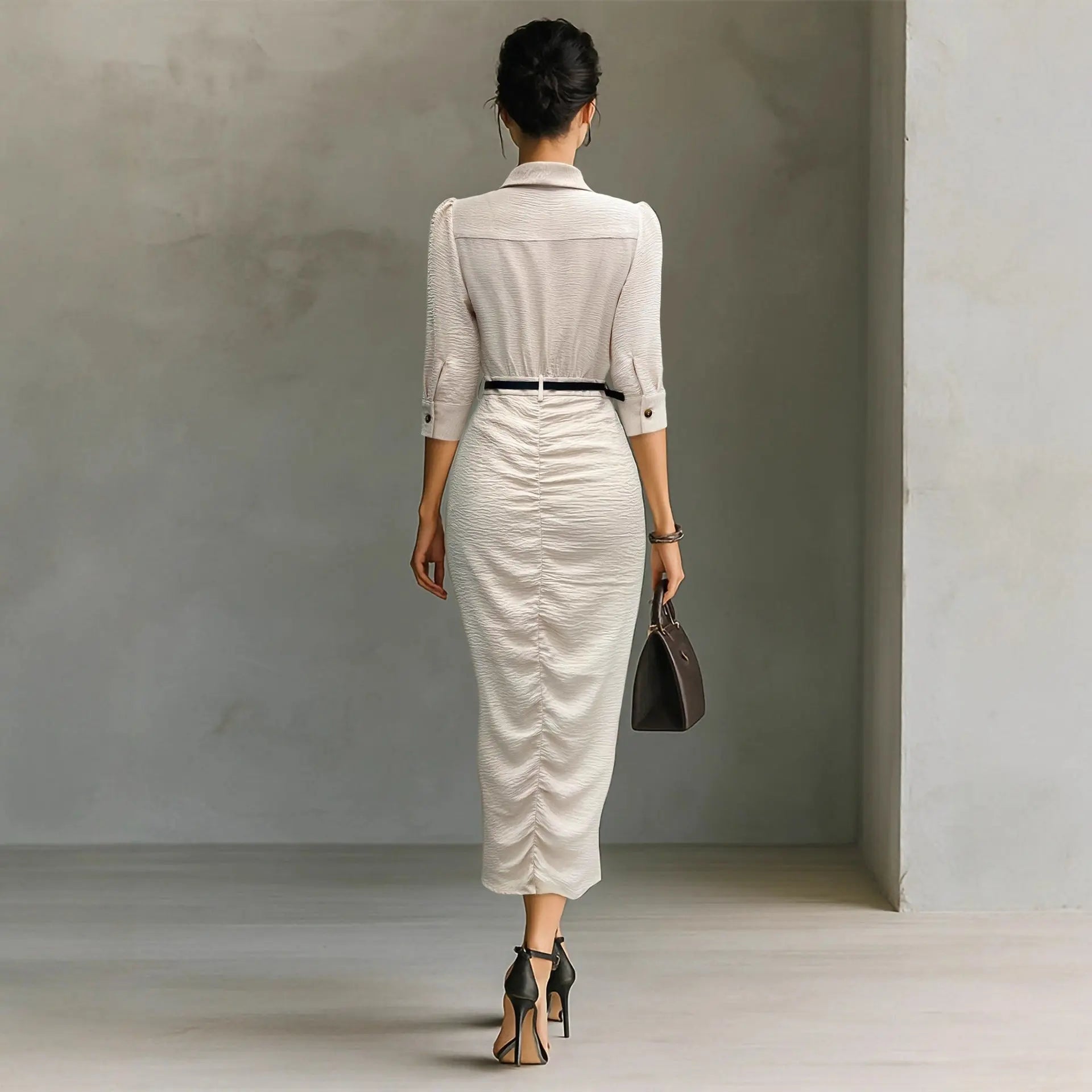 Chic maxi dress, long, with short sleeves and belt - TheSheriffShop