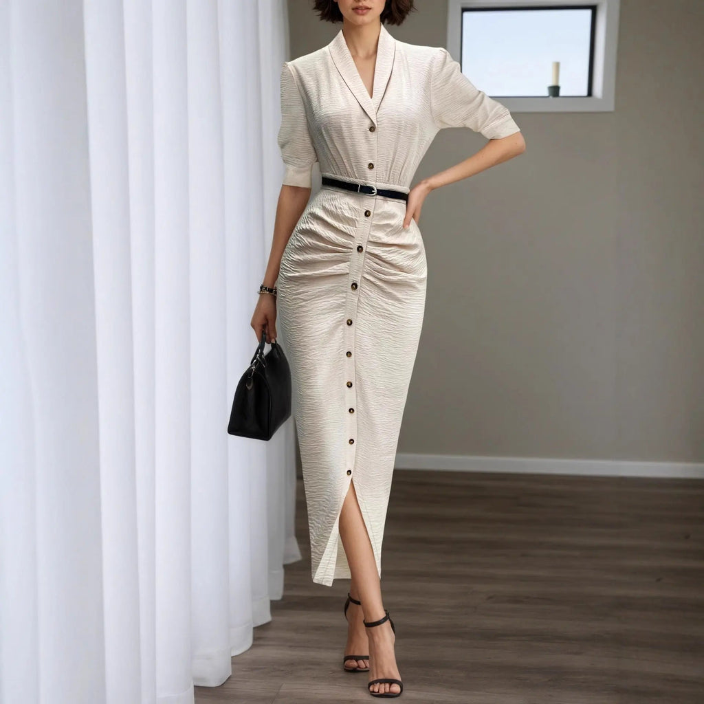 Chic maxi dress, long, with short sleeves and belt - TheSheriffShop