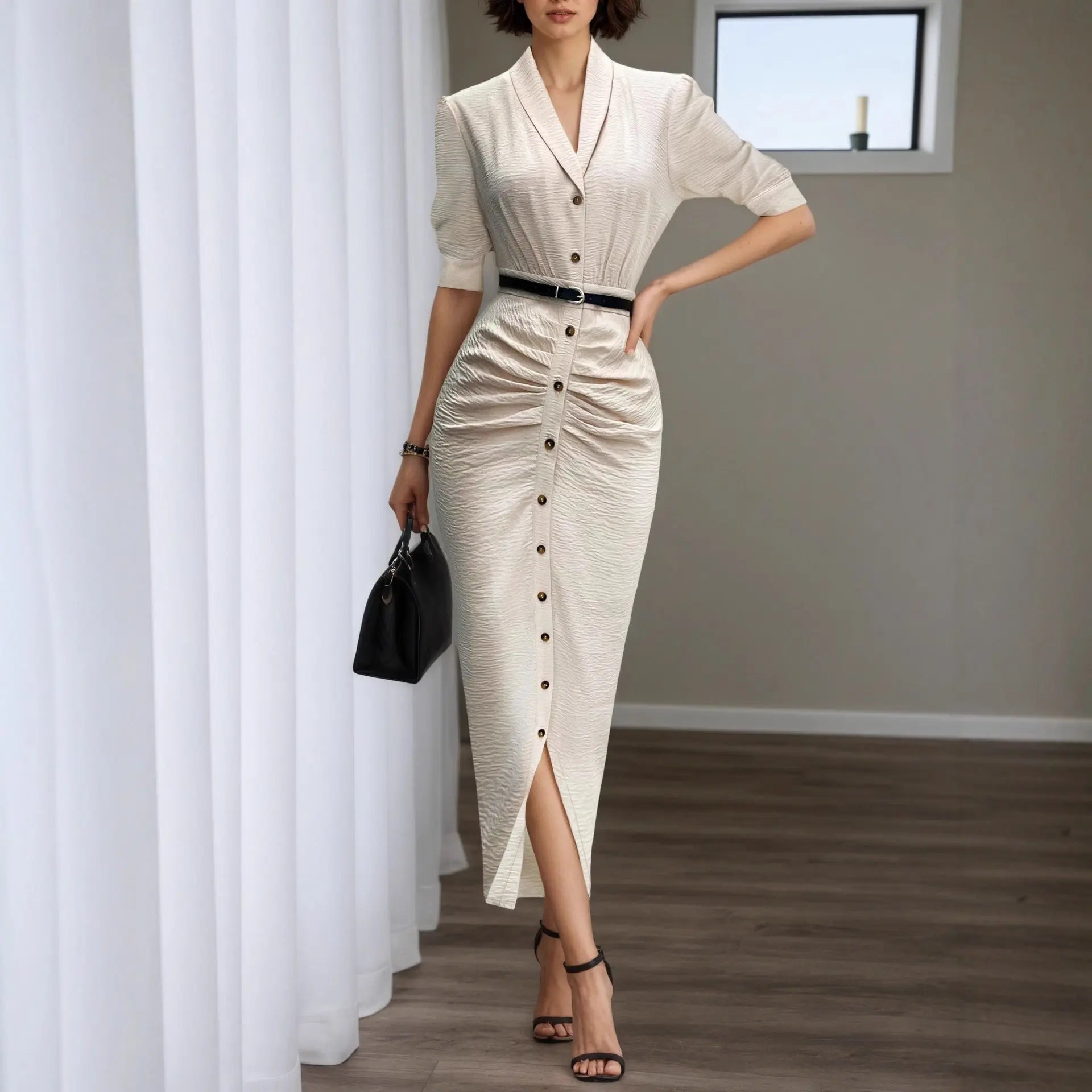 Chic maxi dress, long, with short sleeves and belt - TheSheriffShop