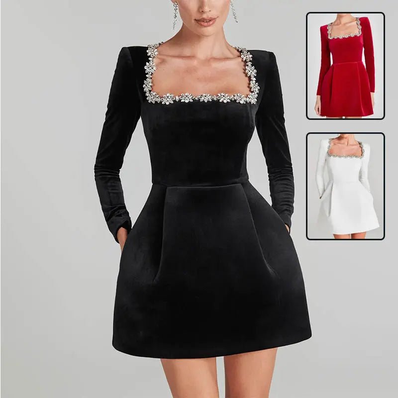 Elegant Dress with a Square Neck and Long Sleeves - TheSheriffShop