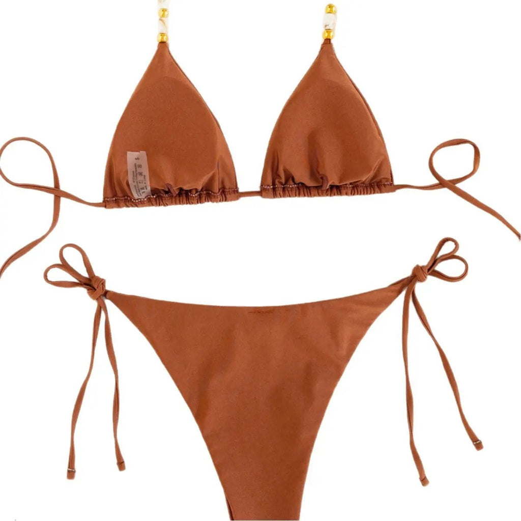 Maillot de bain bikini à couleur unique avec lacets et perles - TheSheriffShop