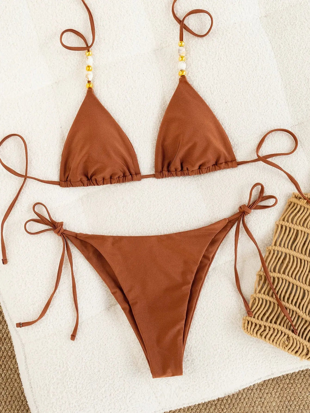 Maillot de bain bikini à couleur unique avec lacets et perles - TheSheriffShop
