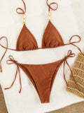 Maillot de bain bikini à couleur unique avec lacets et perles - TheSheriffShop
