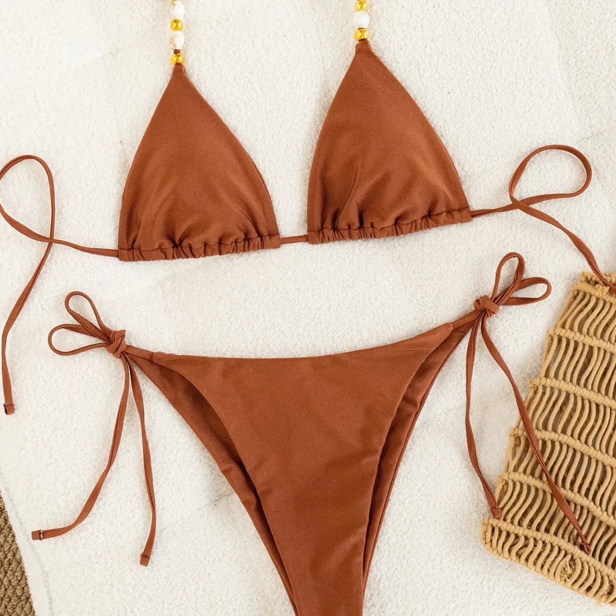 Maillot de bain bikini à couleur unique avec lacets et perles - TheSheriffShop