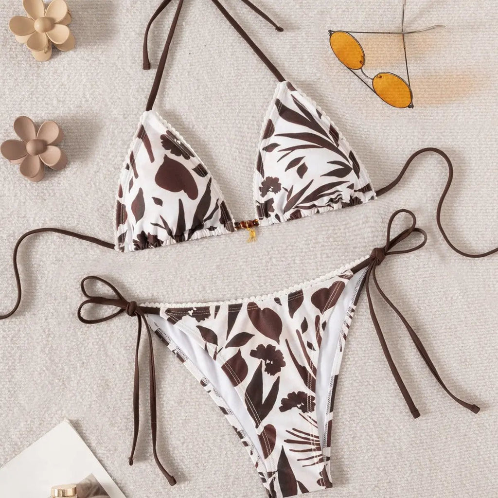 Maillot de bain bikini à pendentif et bordure florale - TheSheriffShop