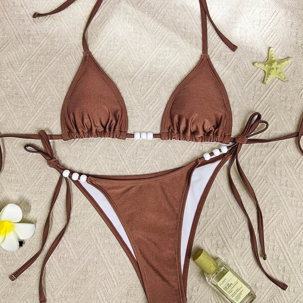 Maillot de bain bikini avec lacets, perles et pendentif - TheSheriffShop