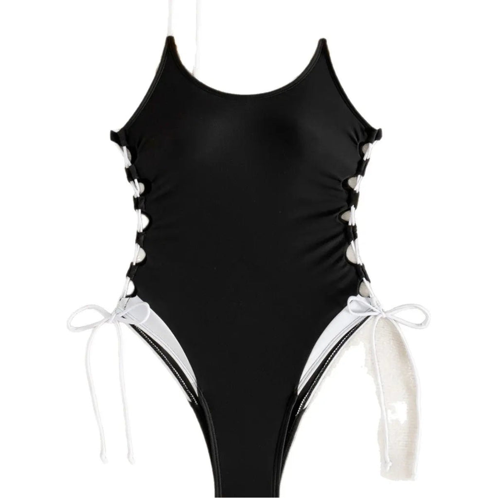 Maillot de bain une pièce noir et blanc à col en U ajustable sur le côté - TheSheriffShop