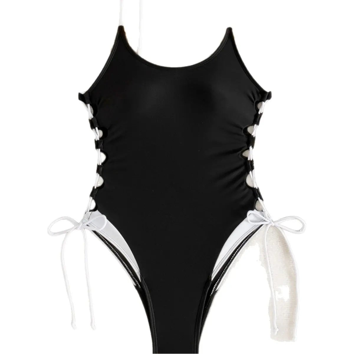 Maillot de bain une pièce noir et blanc à col en U ajustable sur le côté - TheSheriffShop