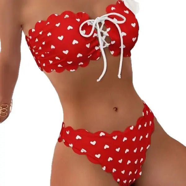 Printed Tube - top Bikini With Tie - up Drawstring - TheSheriffShop