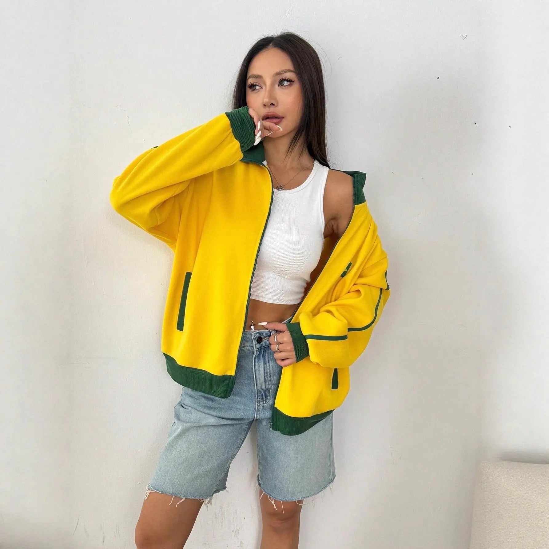 Sweat couleur brésil à col rabattu avec fermeture éclair, style urbain - TheSheriffShop