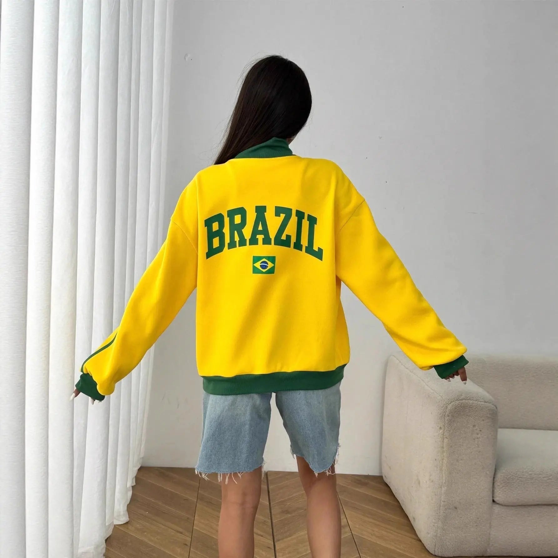 Sweat couleur brésil à col rabattu avec fermeture éclair, style urbain - TheSheriffShop